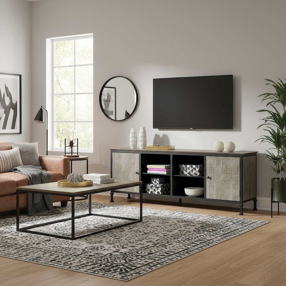 Gray Industrial TV Stand – 72 Inch Wide Entertainment Center For Living Room. Picture 3