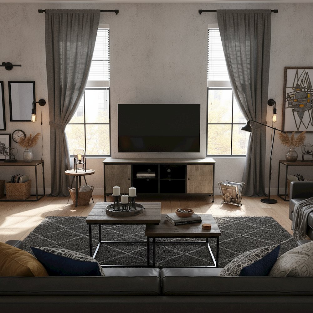 Gray Industrial TV Stand – 72 Inch Wide Entertainment Center For Living Room. Picture 2