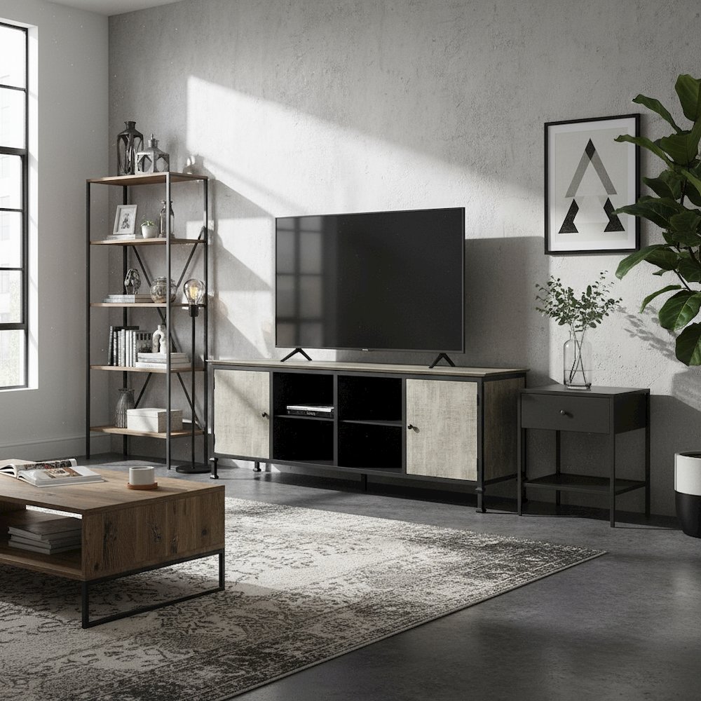 Gray Industrial TV Stand – 72 Inch Wide Entertainment Center For Living Room. Picture 4