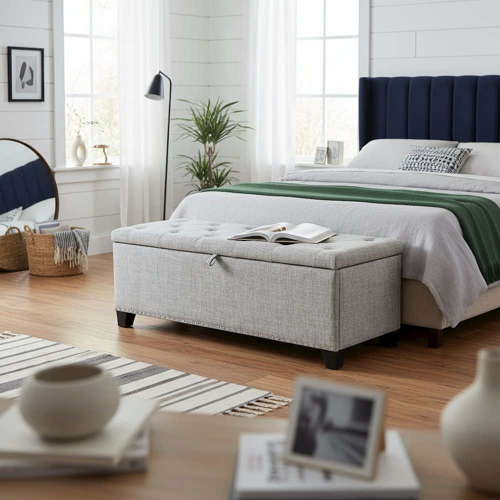 Light Gray Ottoman with Storage – Upholstered Storage Bench for Bedroom, Entry. Picture 3