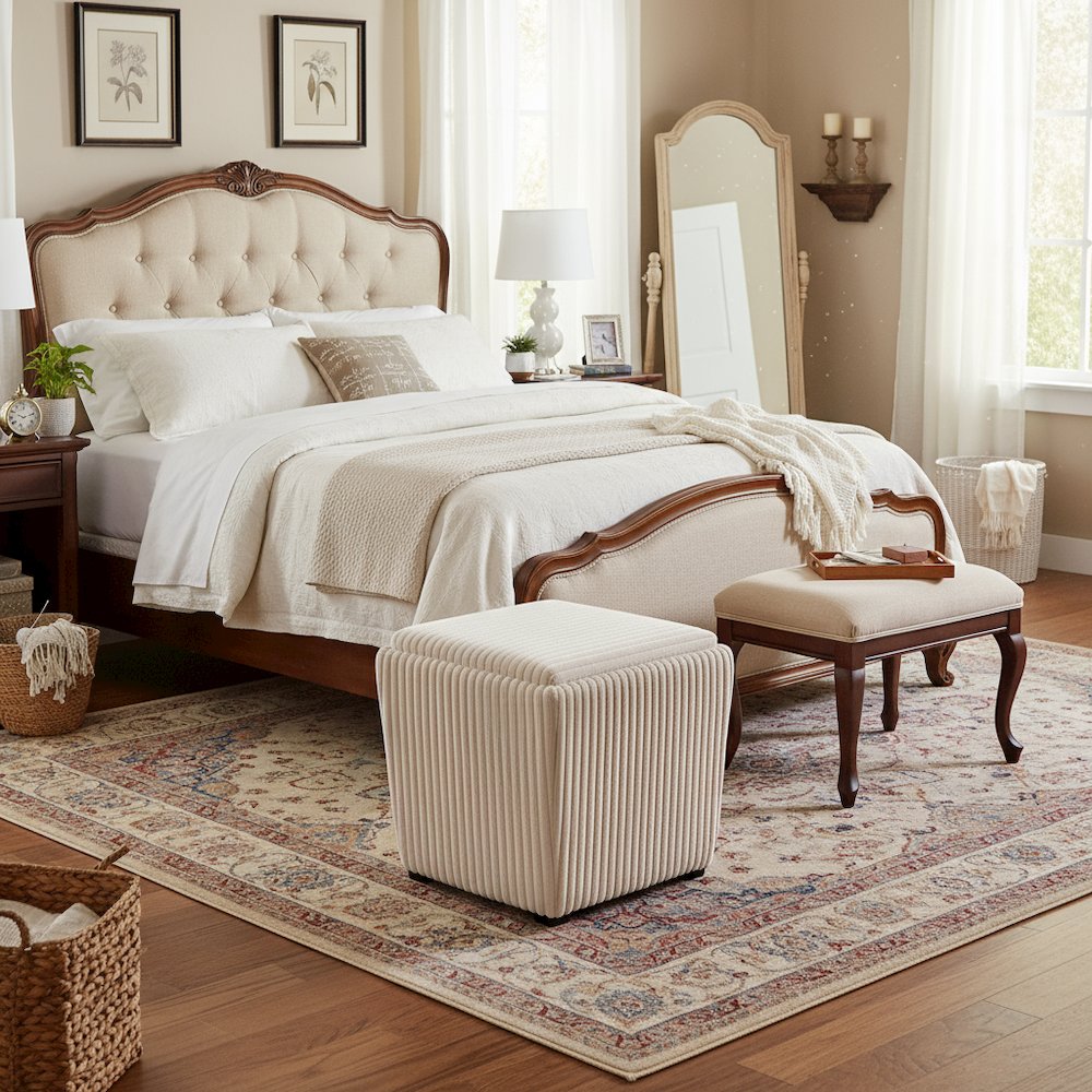 Beige Pink Storage Ottoman with Flip Top Tray – Upholstered Ottoman Table. Picture 2