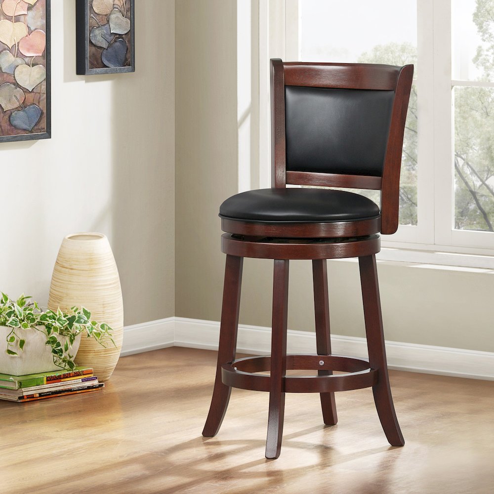 Cherry Finish Black PU Cushion Back Swivel Counter Height Chair. Picture 1