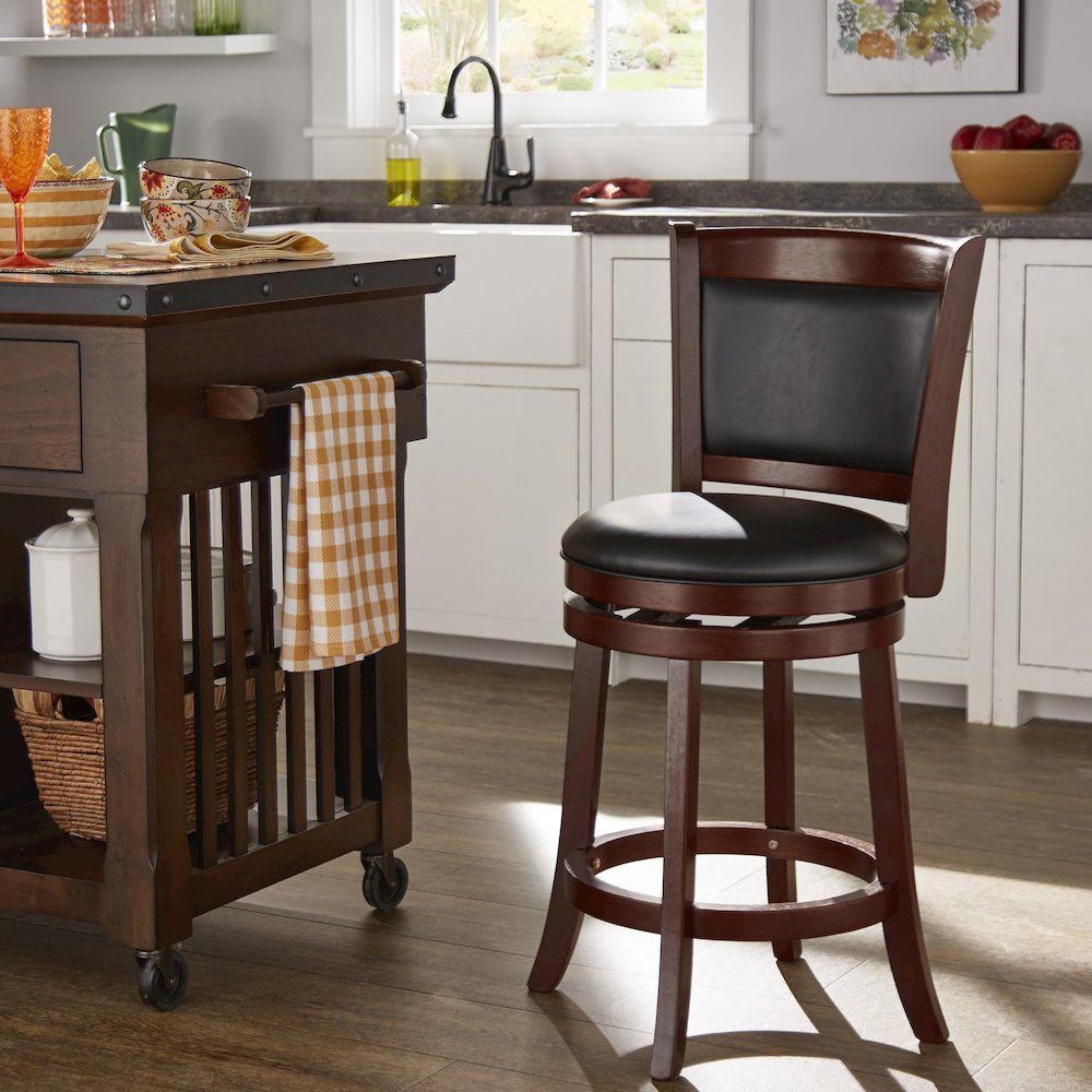 Cherry Finish Black PU Cushion Back Swivel Counter Height Chair. Picture 2