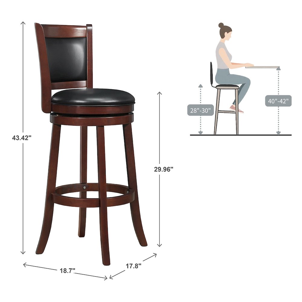 Cherry Finish Black PU Cushion Back Swivel Bar Height Chair. Picture 4