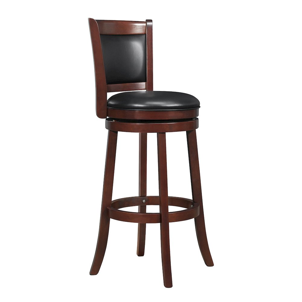 Cherry Finish Black PU Cushion Back Swivel Bar Height Chair. Picture 5