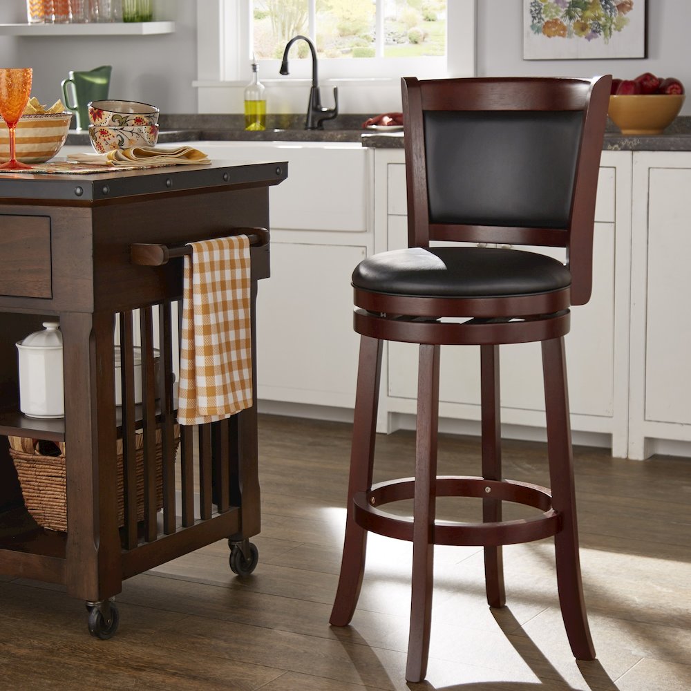 Cherry Finish Black PU Cushion Back Swivel Bar Height Chair. Picture 2