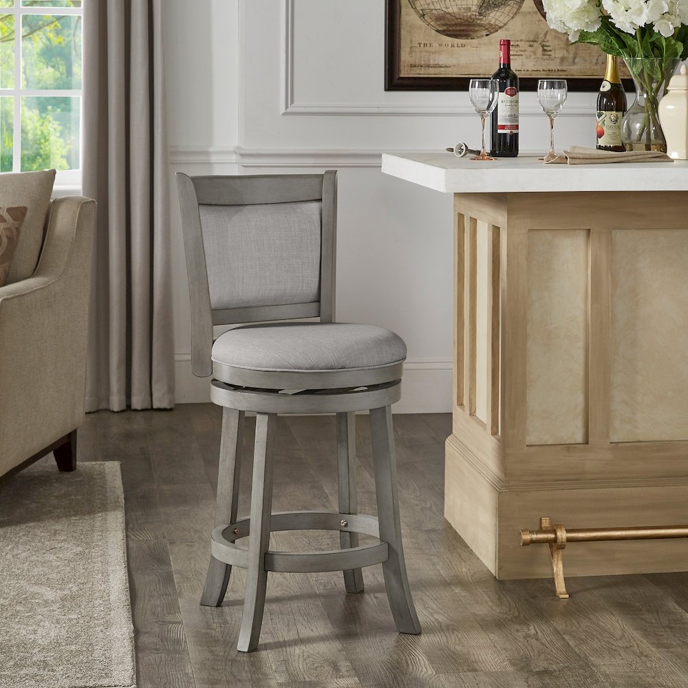 Antique Grey Finish Grey Linen Cushion Back Swivel Counter Height Chair. Picture 2