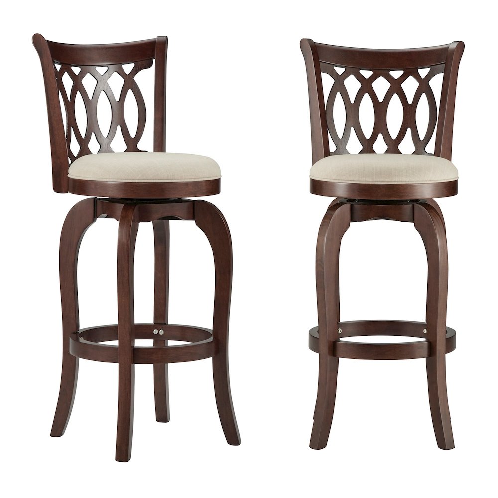 Cherry Finish Beige Linen Scroll Back Swivel Bar Height Chair. Picture 3