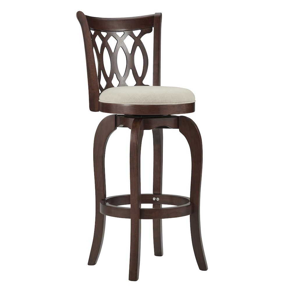 Cherry Finish Beige Linen Scroll Back Swivel Bar Height Chair. Picture 5