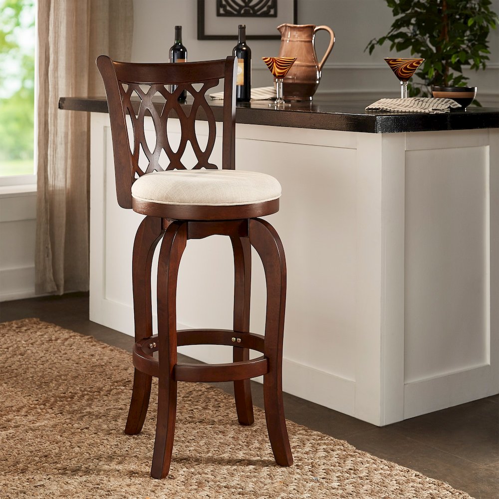Cherry Finish Beige Linen Scroll Back Swivel Bar Height Chair. Picture 2