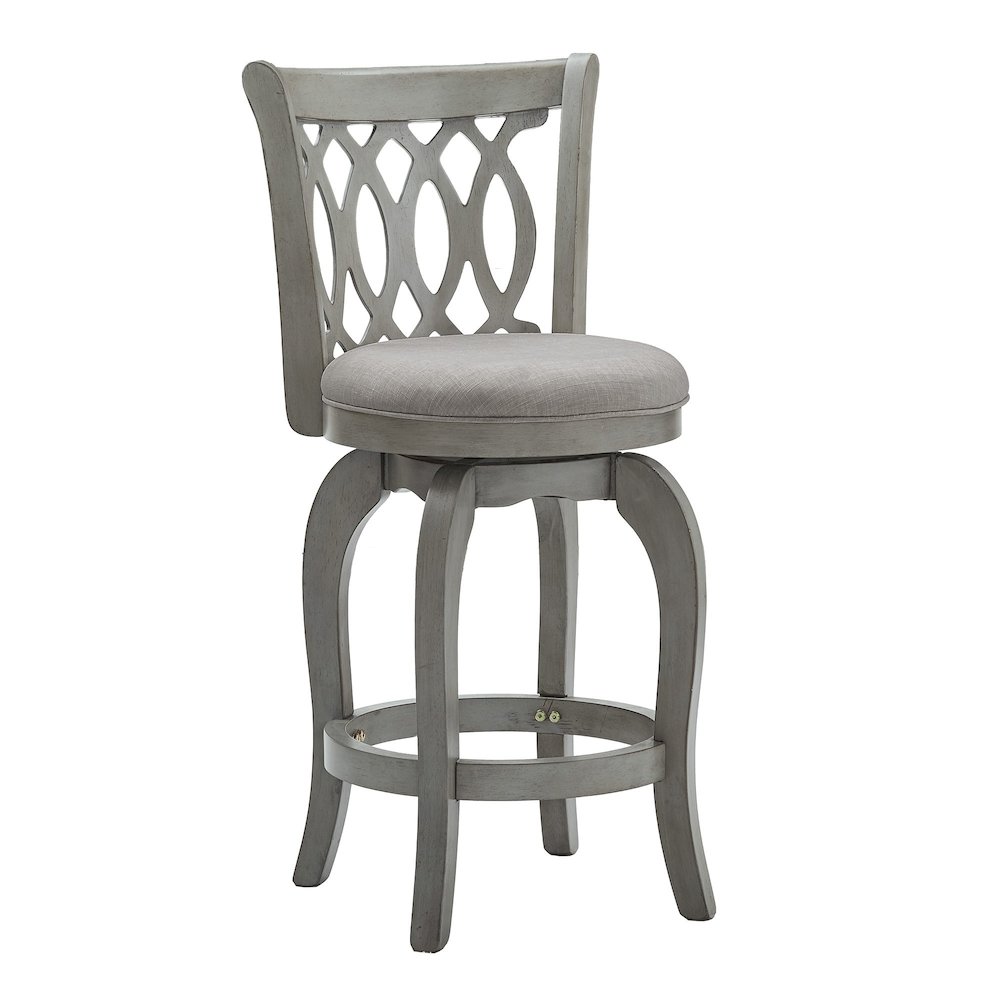 Antique Grey Finish Grey Linen Scroll Back Swivel Counter Height Chair. Picture 6