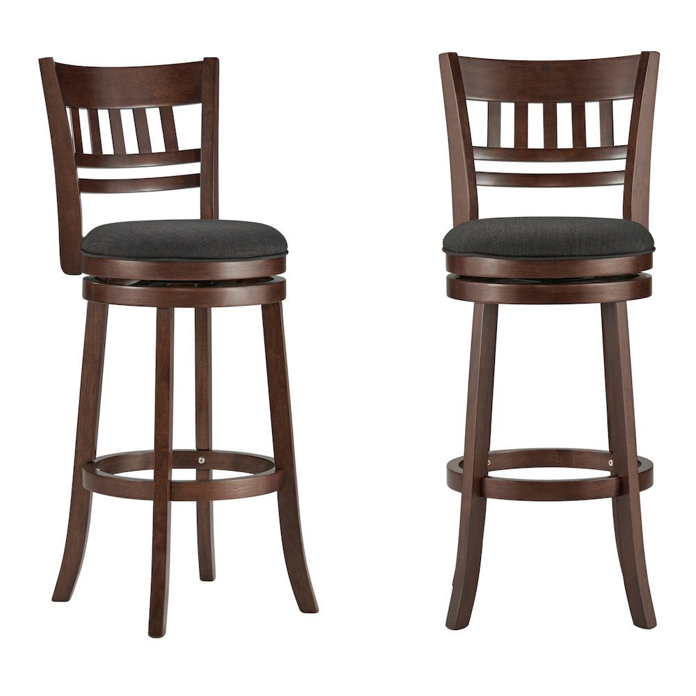 Dark Cherry Finish Dark Grey Linen Swivel Bar Height Chair (Vertical Design). Picture 3