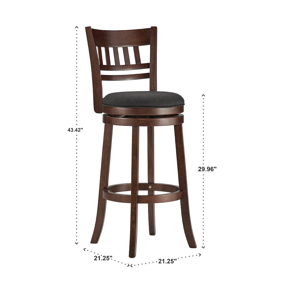 Dark Cherry Finish Dark Grey Linen Swivel Bar Height Chair (Vertical Design). Picture 4
