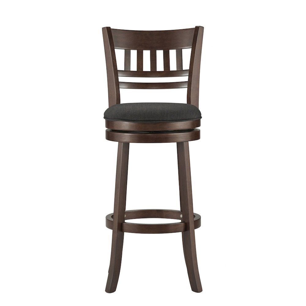 Dark Cherry Finish Dark Grey Linen Swivel Bar Height Chair (Vertical Design). Picture 5
