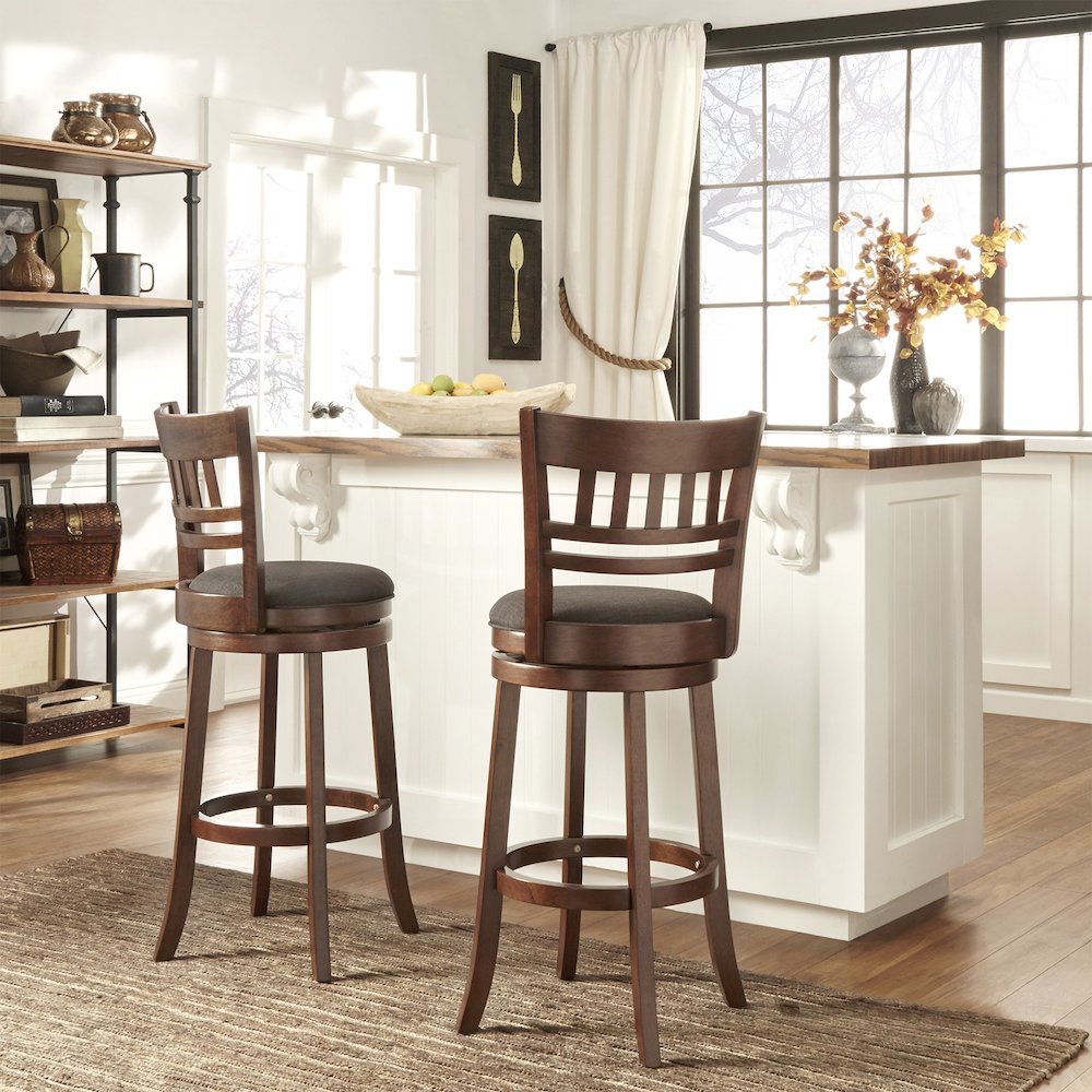 Dark Cherry Finish Dark Grey Linen Swivel Bar Height Chair (Vertical Design). Picture 1