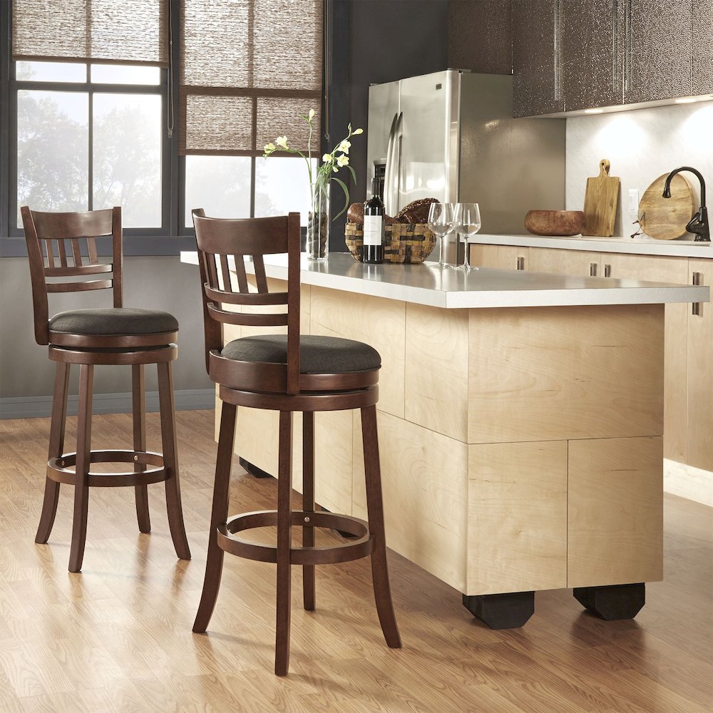 Dark Cherry Finish Dark Grey Linen Swivel Bar Height Chair (Vertical Design). Picture 2