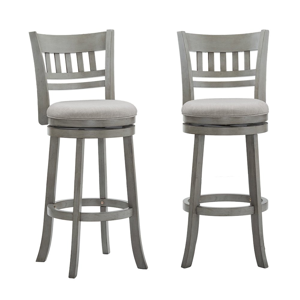 Antique Grey Finish Grey Linen Lattice Back Swivel Bar Height Chair. Picture 4