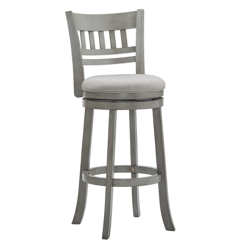 Antique Grey Finish Grey Linen Lattice Back Swivel Bar Height Chair. Picture 6