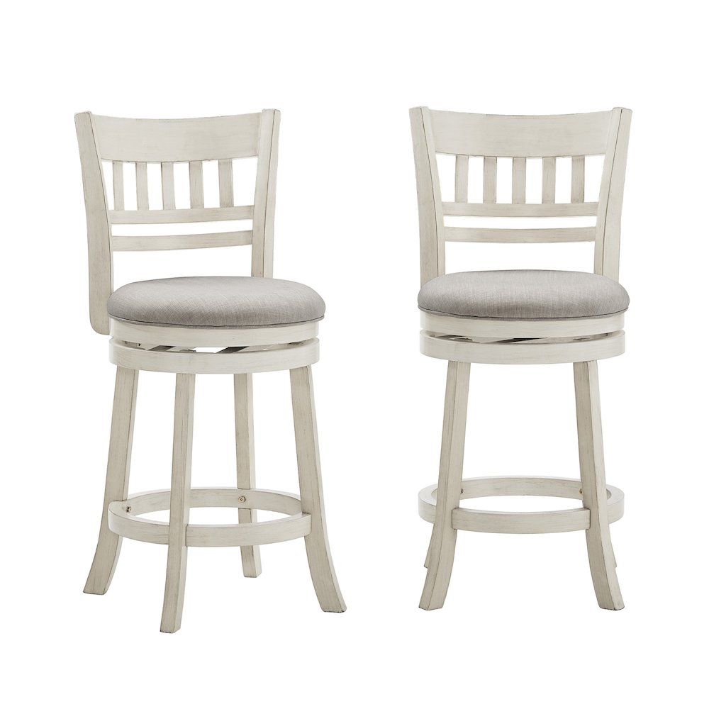 Antique White Finish Grey Linen Lattice Back Swivel Counter Height Chair. Picture 4