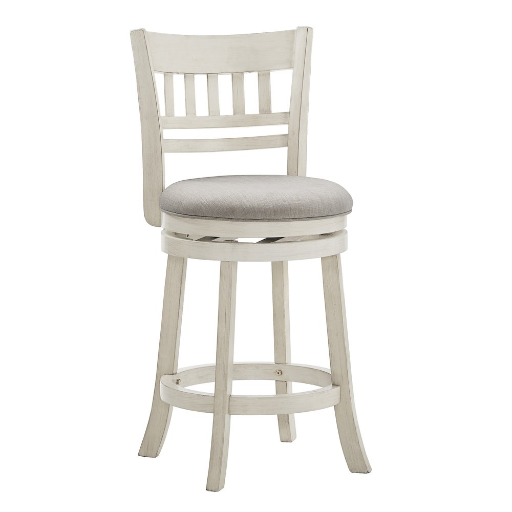 Antique White Finish Grey Linen Lattice Back Swivel Counter Height Chair. Picture 6