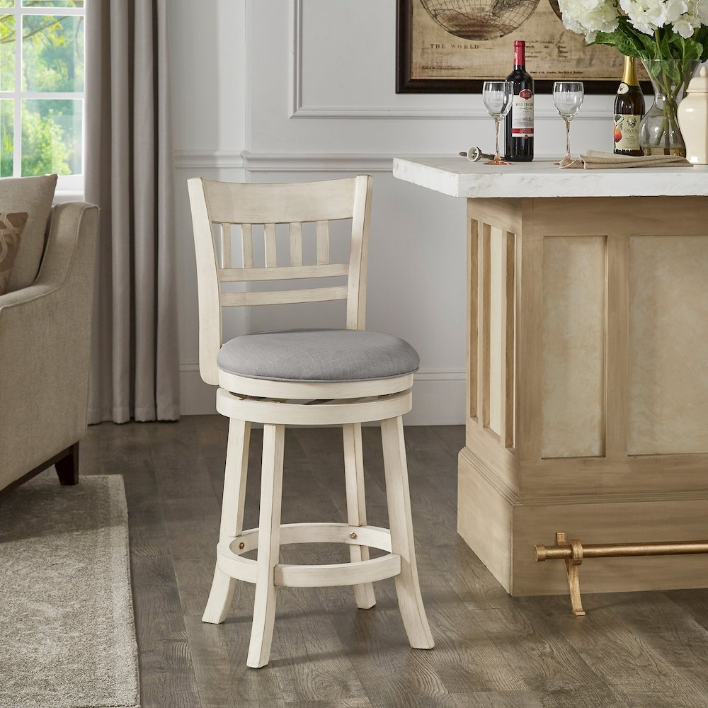 Antique White Finish Grey Linen Lattice Back Swivel Counter Height Chair. Picture 2