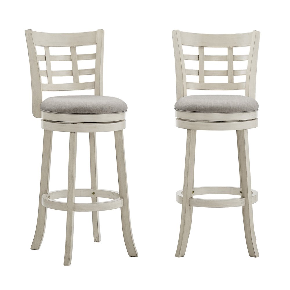 Antique White Finish Grey Linen Swivel Bar Height Chair (Window Back Design). Picture 4