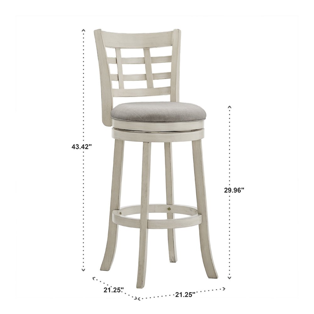 Antique White Finish Grey Linen Swivel Bar Height Chair (Window Back Design). Picture 5