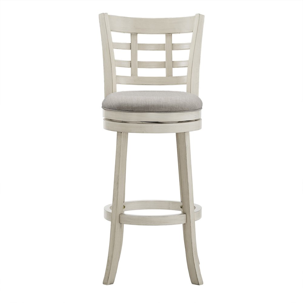 Antique White Finish Grey Linen Swivel Bar Height Chair (Window Back Design). Picture 6