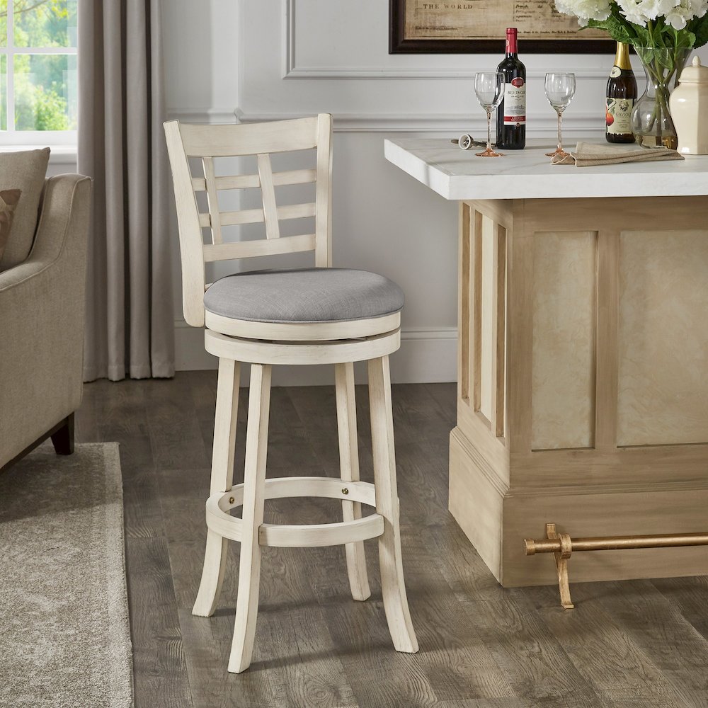 Antique White Finish Grey Linen Swivel Bar Height Chair (Window Back Design). Picture 2