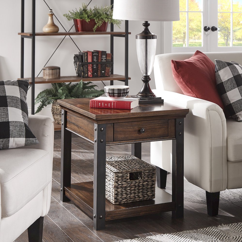 Dark Cherry Finish End Table With Power Outlet. Picture 1