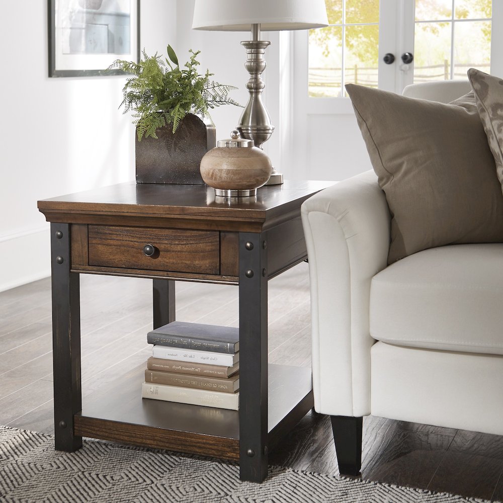 Dark Cherry Finish End Table With Power Outlet. Picture 2