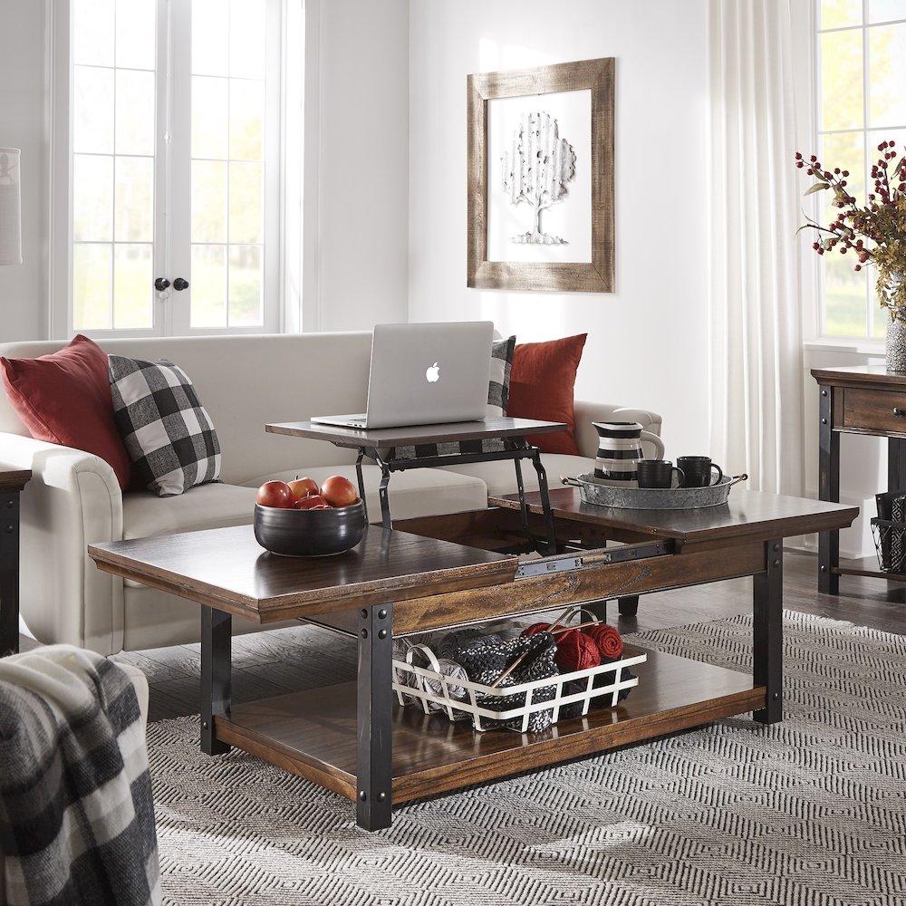Dark Cherry Finish Lift-Top Coffee Table. Picture 1