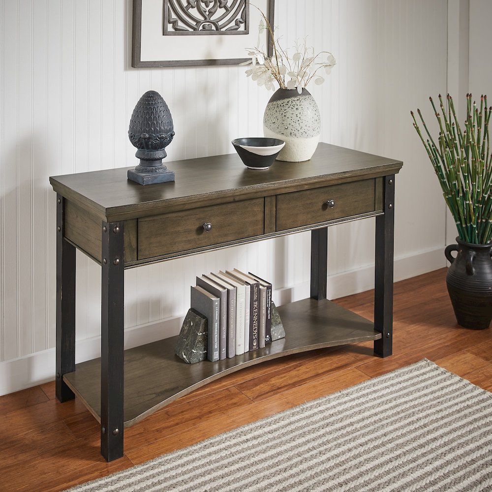 Antique Grey Finish 2-Drawer Sofa Table. Picture 1