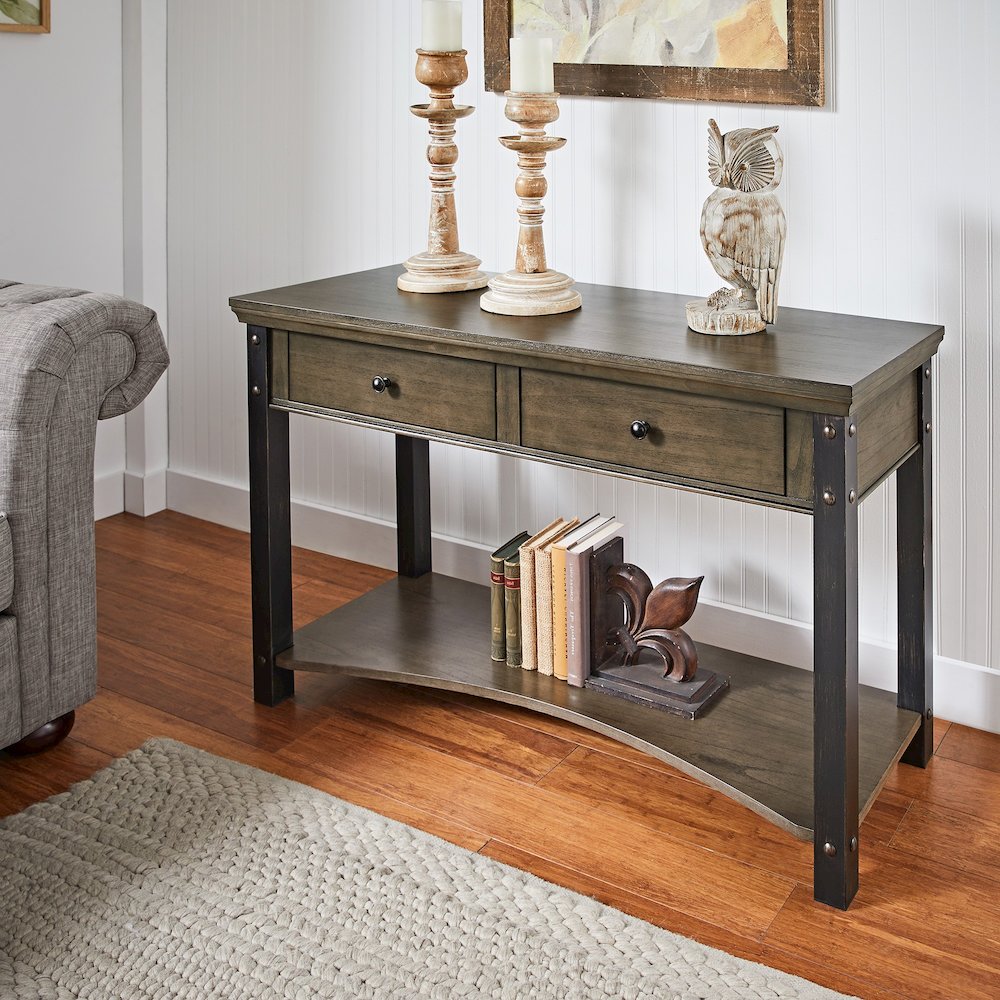 Antique Grey Finish 2-Drawer Sofa Table. Picture 2