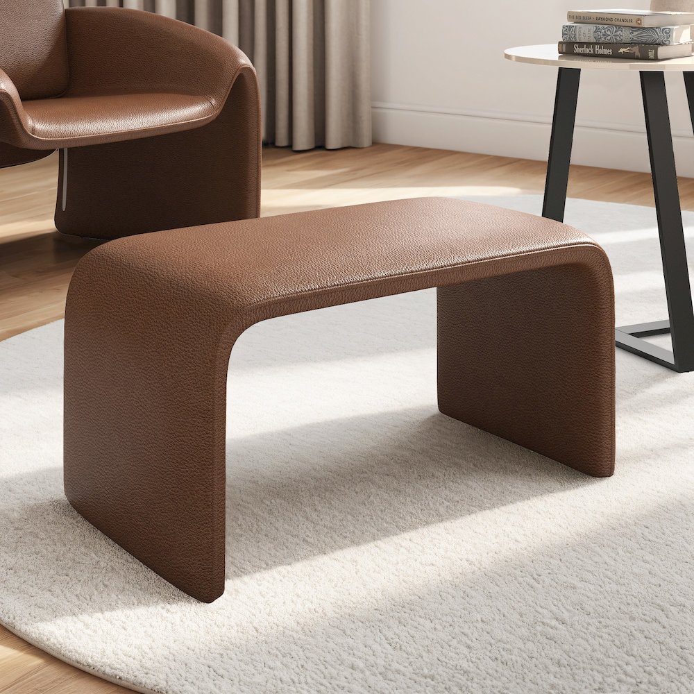 Brown Faux Leather Ottoman. Picture 2