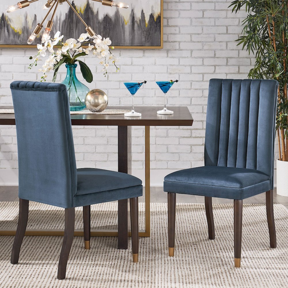 Set of 2, Espresso Finish Blue Velvet Channel Back Dining Chair. Picture 2