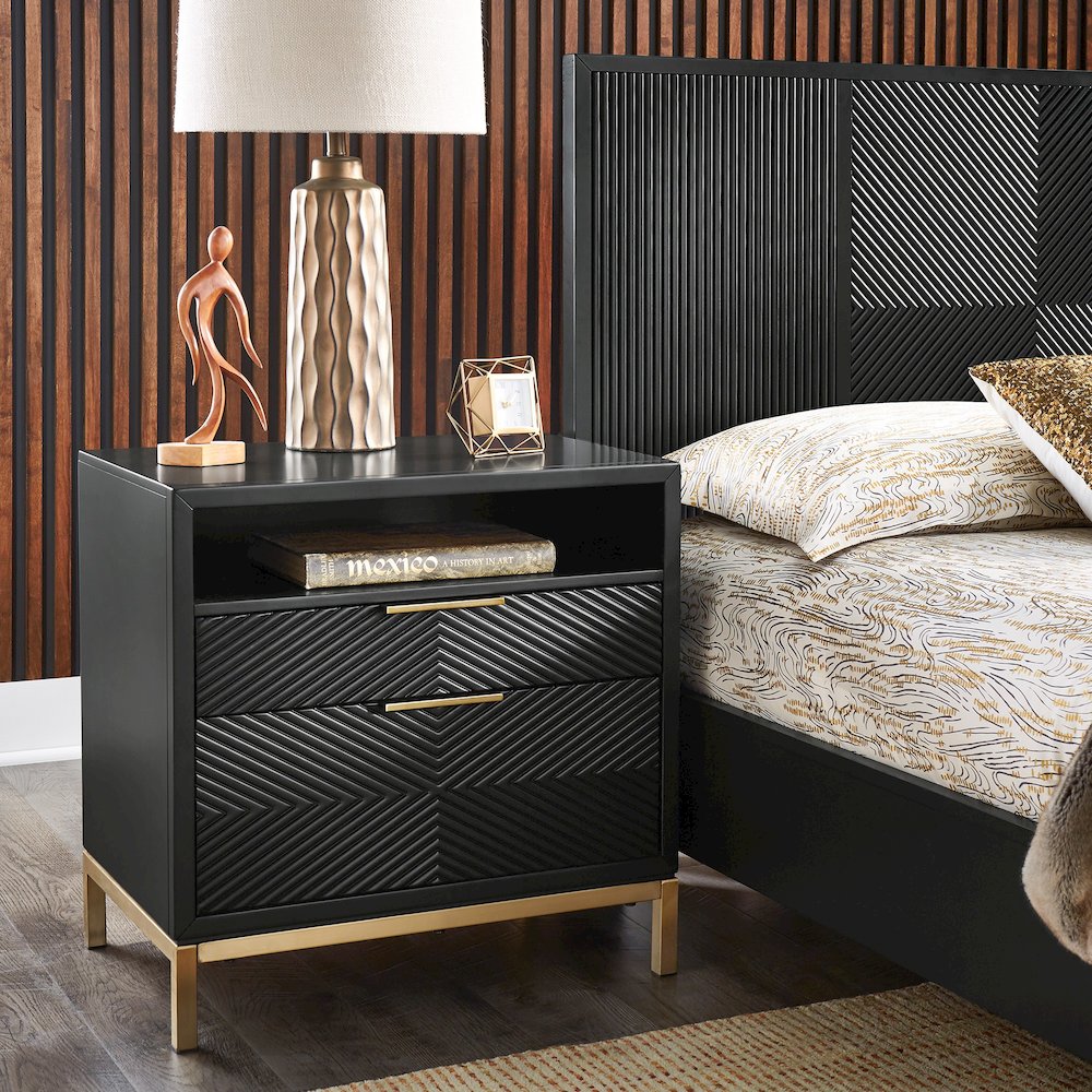Black Finish Nightstand With Power Strip. Picture 1