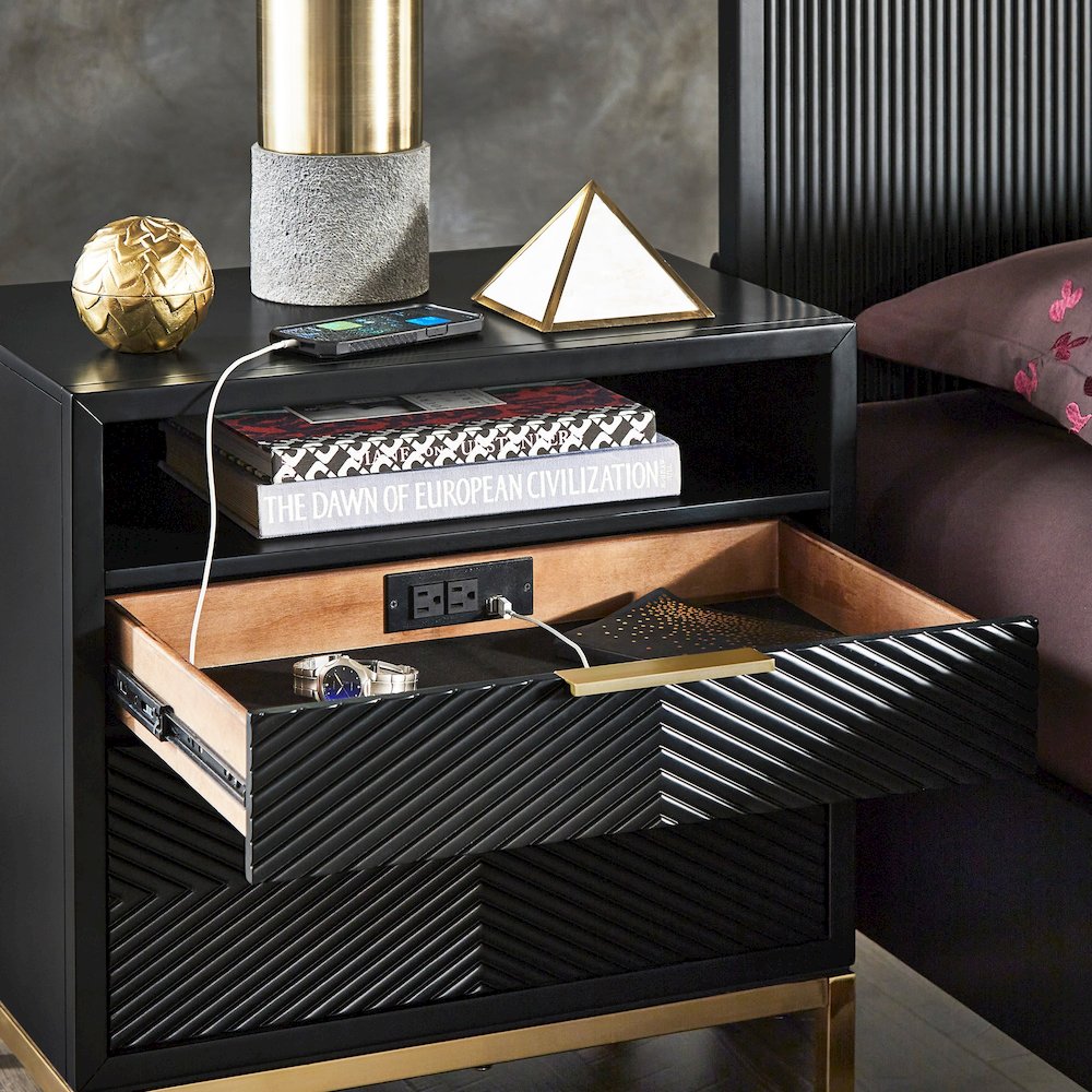 Black Finish Nightstand With Power Strip. Picture 2