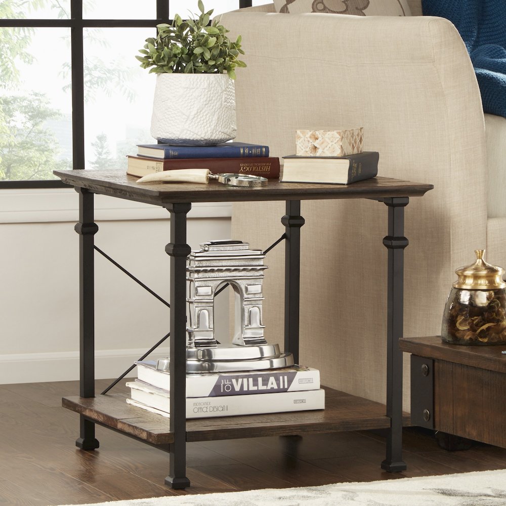 Brown Finish Metal Supports X-Frame End Table. Picture 1