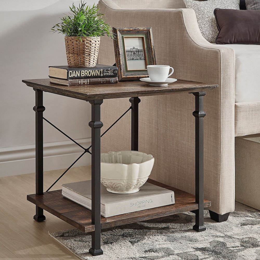Brown Finish Metal Supports X-Frame End Table. Picture 2