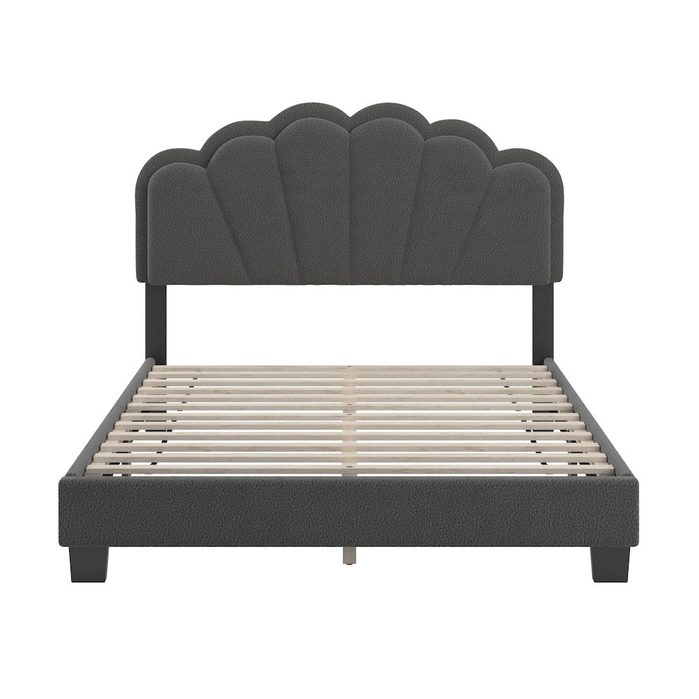 Black Finish Charcoal Boucle Queen Bed With LED Flower Headboard. Picture 5