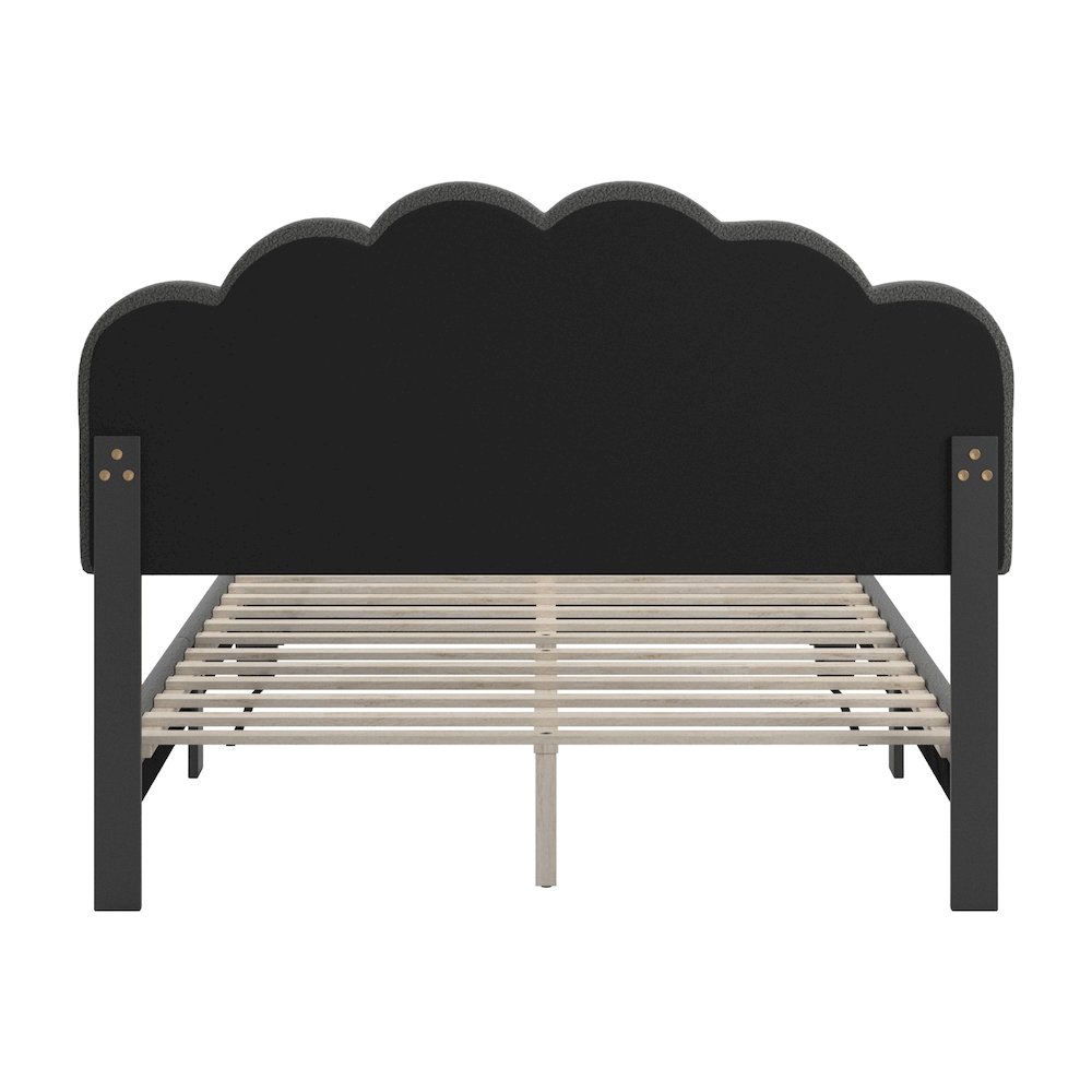 Black Finish Charcoal Boucle Queen Bed With LED Flower Headboard. Picture 1