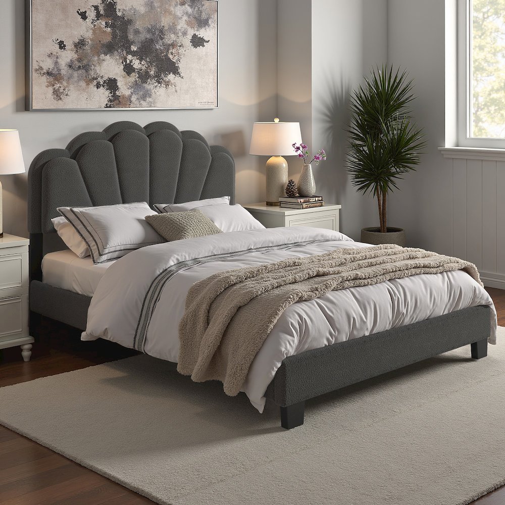 Black Finish Charcoal Boucle Queen Bed With LED Flower Headboard. Picture 2