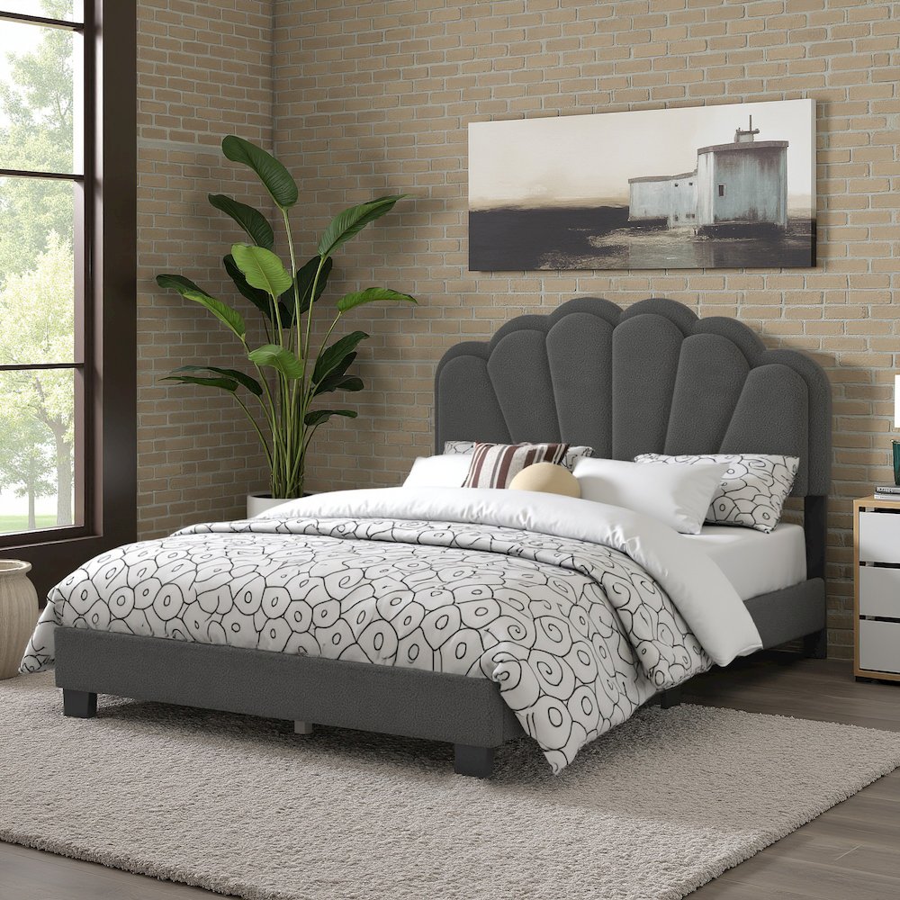 Black Finish Charcoal Boucle Queen Bed With LED Flower Headboard. Picture 3