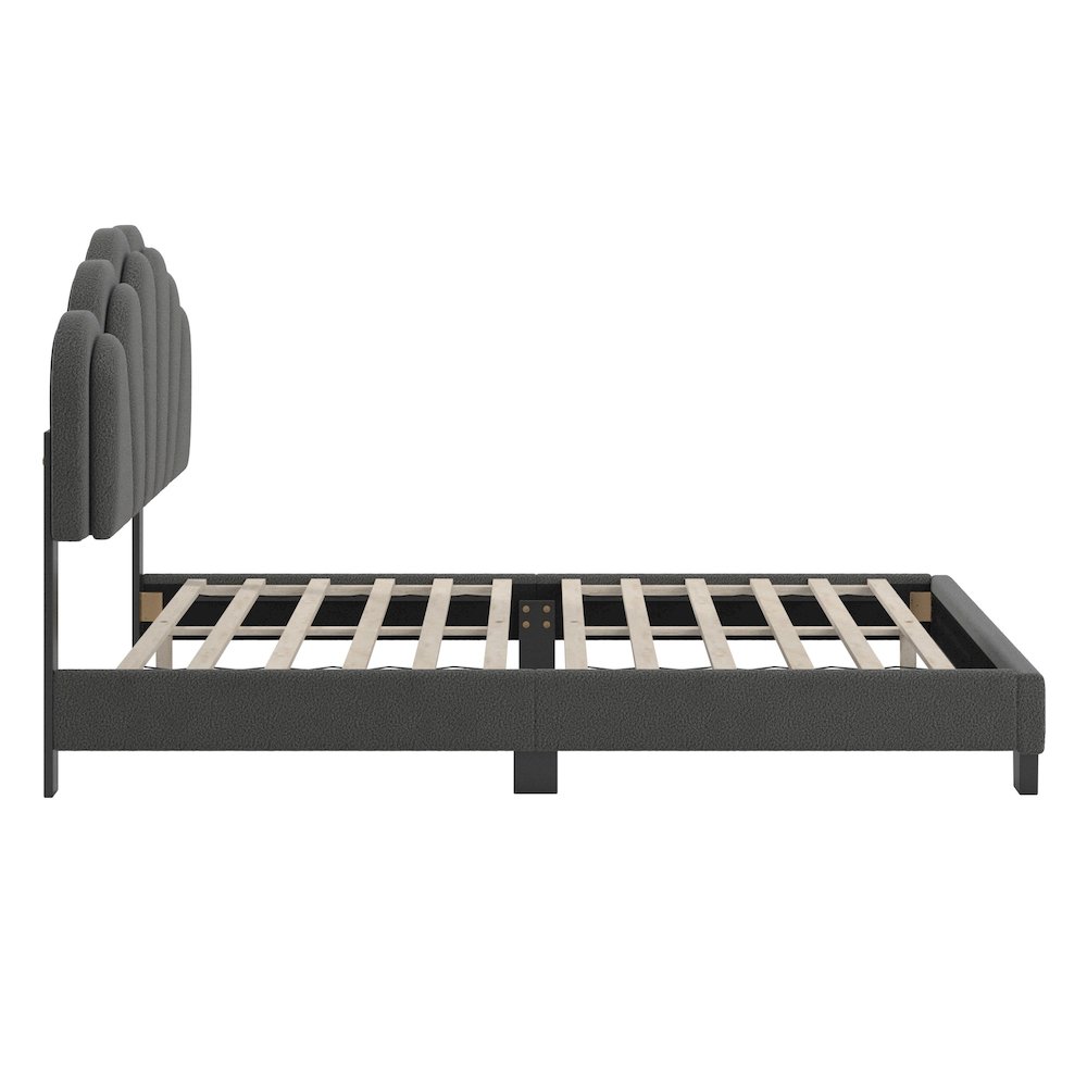Black Finish Charcoal Boucle Queen Bed With LED Flower Headboard. Picture 7