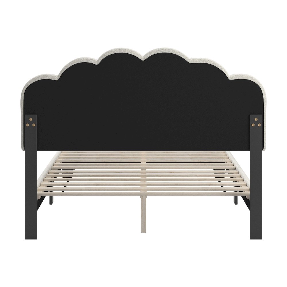 Black Finish Cream Boucle Queen Bed With LED Flower Headboard. Picture 1