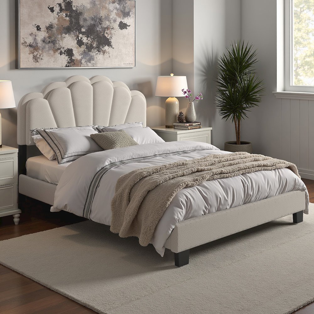 Black Finish Cream Boucle Queen Bed With LED Flower Headboard. Picture 2