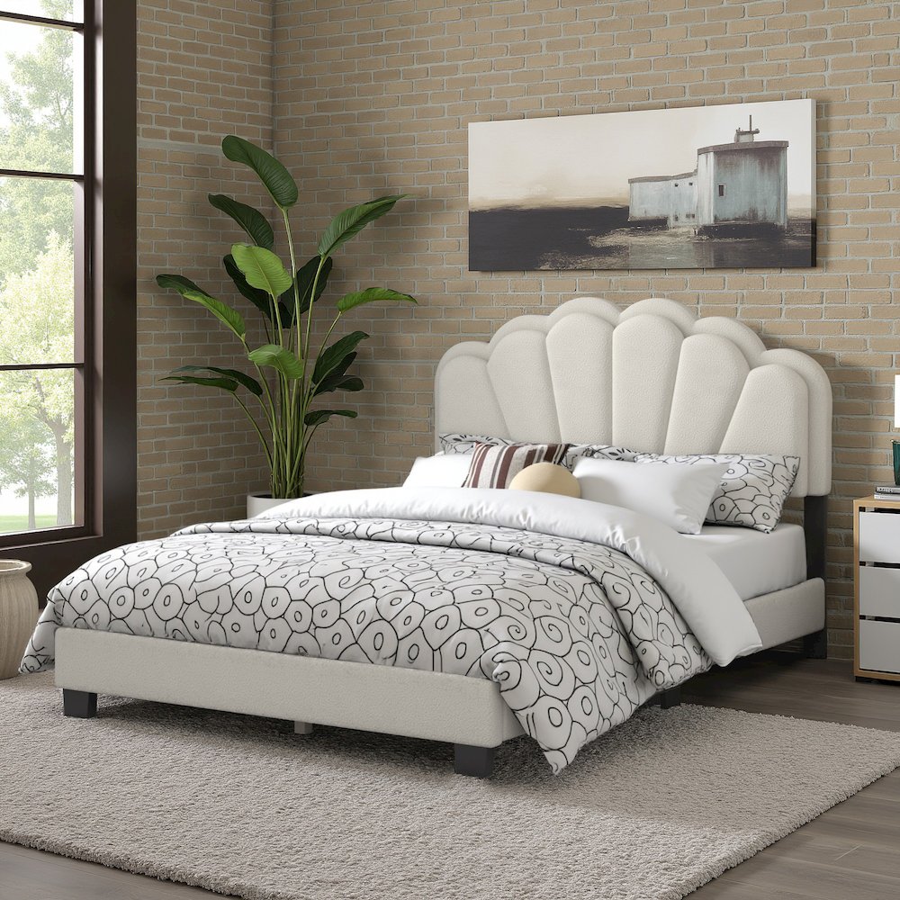 Black Finish Cream Boucle Queen Bed With LED Flower Headboard. Picture 3