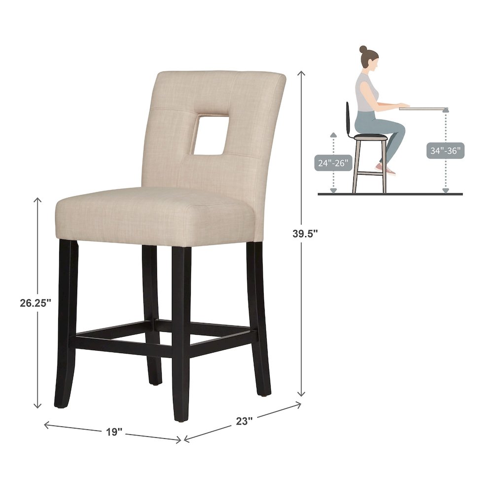Set of 2, Black Finish Beige Linen Keyhole Counter Height Chair. Picture 4