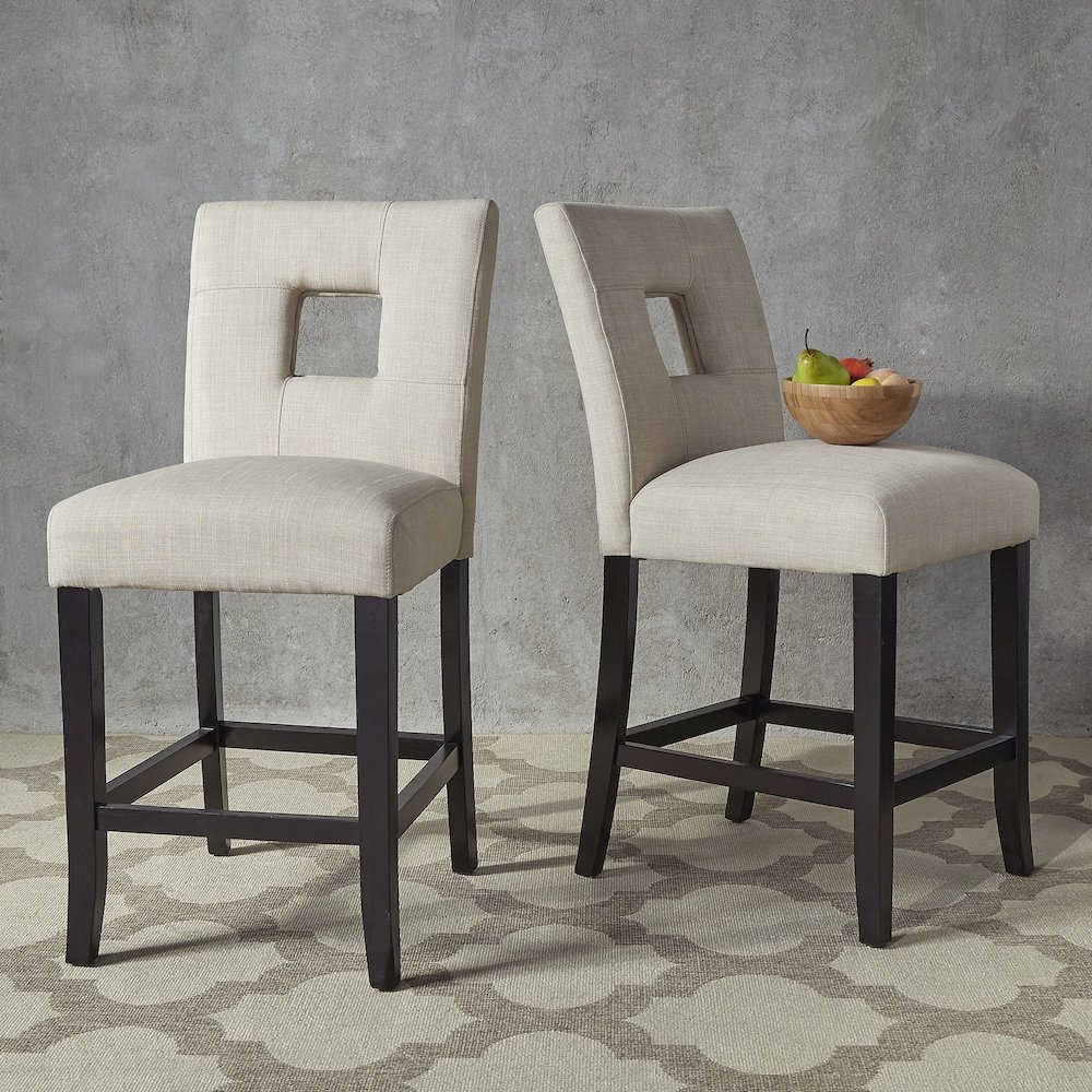 Set of 2, Black Finish Beige Linen Keyhole Counter Height Chair. Picture 2